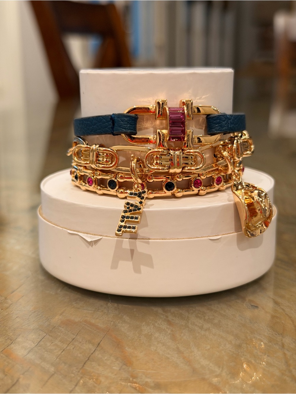 Bomb Party NWT “Southern Charm” Gold-Tone Bracelets Navy Leather Accent! - Picture 2 of 12